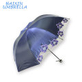 Logotipo relativo à promoção azul dos produtos da cor que imprime o guarda-chuva UV de dobramento do parasol 3 do laço das senhoras do preço com serviço